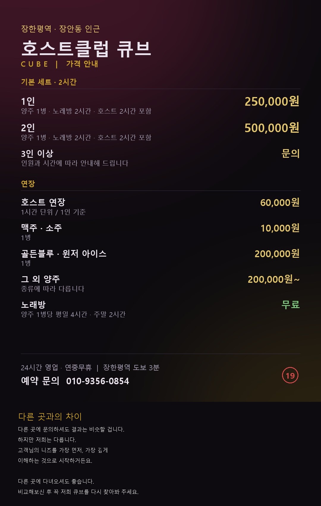호스트클럽 큐브 장안동 호빠 가격표 — 기본 세트 2시간 1인 250,000원, 2인 500,000원 (양주 1병·노래방 2시간·호스트 2시간 포함), 3인 이상 문의. 연장은 호스트 1시간 1인 60,000원, 맥주·소주 1병 10,000원, 골든블루·윈저 아이스 1병 200,000원, 그 외 양주 200,000원부터. 노래방은 양주 1병당 평일 4시간·주말 2시간 무료.